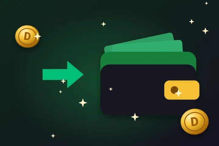 Deloro casino – zielony portfel z banknotami i strzałką jako symbol kasy i płatności
