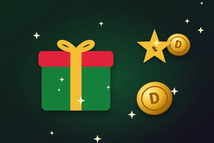 Deloro promo code: źródła kodu Deloro promo code – prezent z kokardą, monety i gwiazda z procentem na zielonym tle